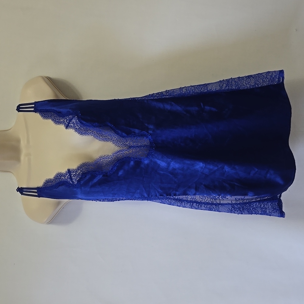 Victoria's‎ Secret Blue Satin Lace Slip Dress Nightie M Lingerie Strappy Back